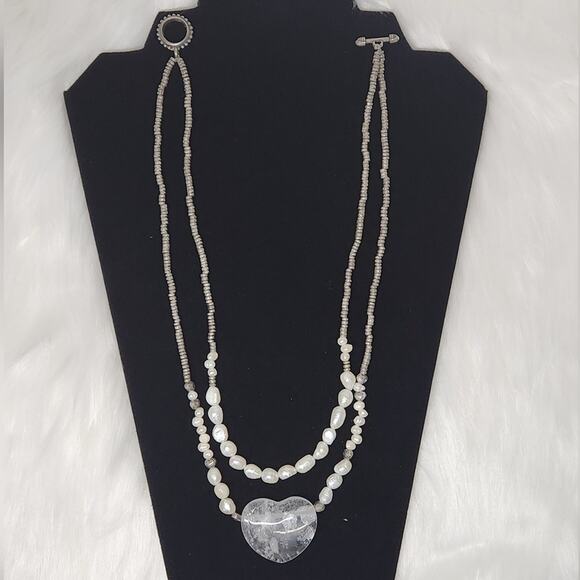 Vintage Pearl & Pyrite Bead Necklace | Heart Pendant Statement Jewelry - Picture 1 of 8